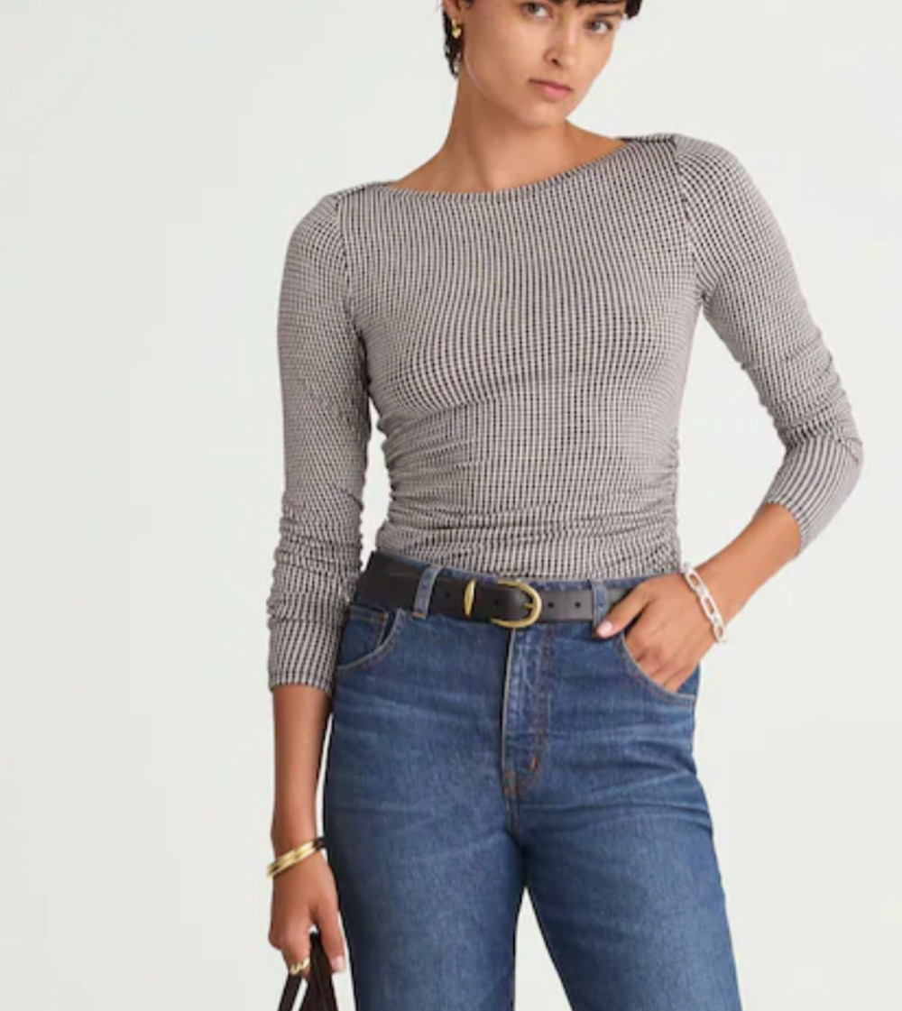 NEW Madewell Ruched Crewneck Long-Sleeve Tee in Check Jacquard Black White